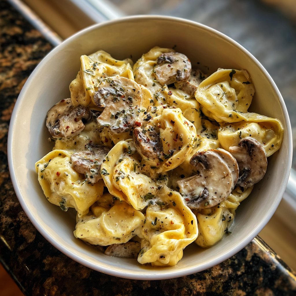 One Pot Creamy Garlic Tortellini with Mushrooms
