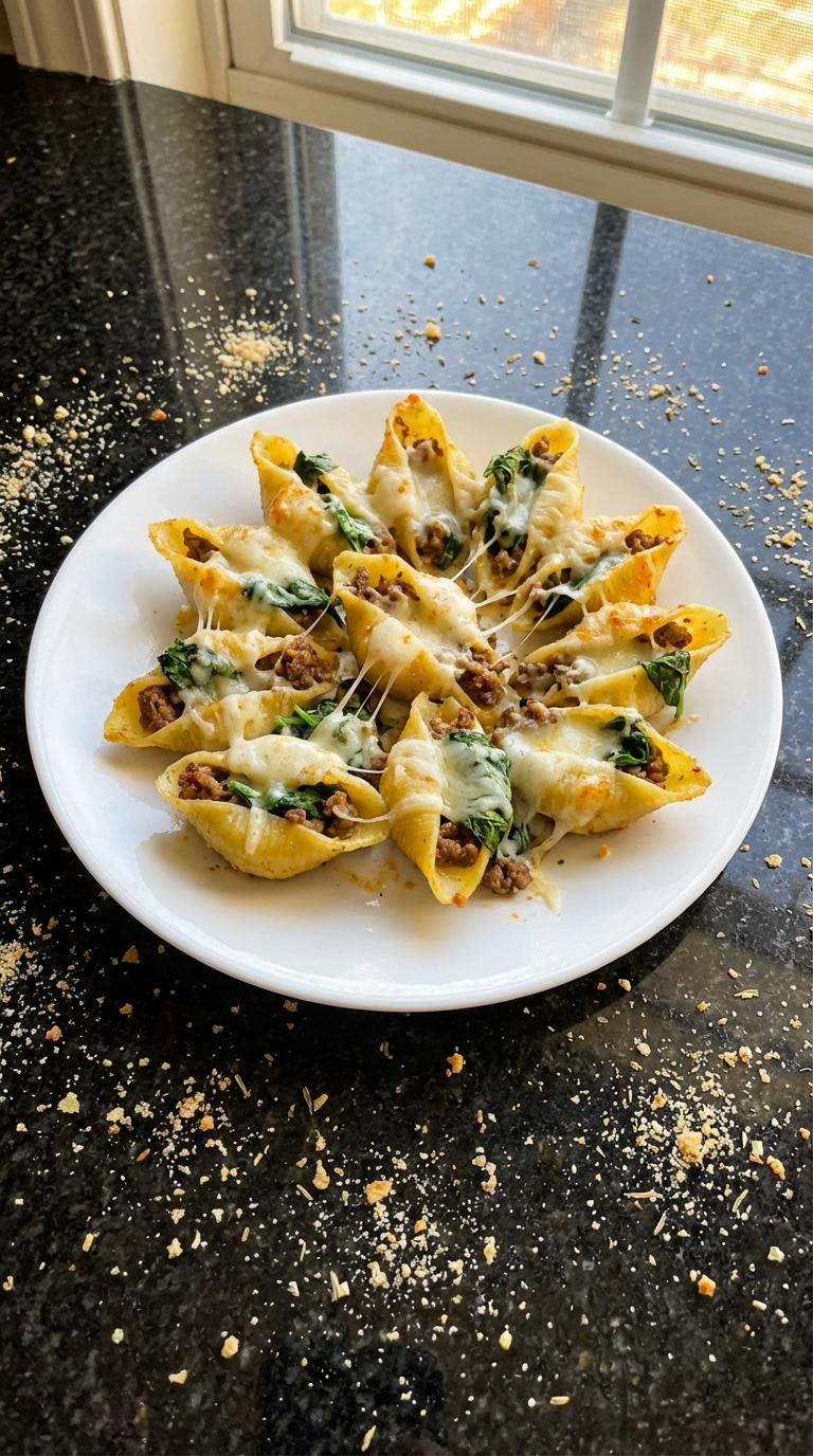 Cheesy Beef and Spinach Stuffed Shells