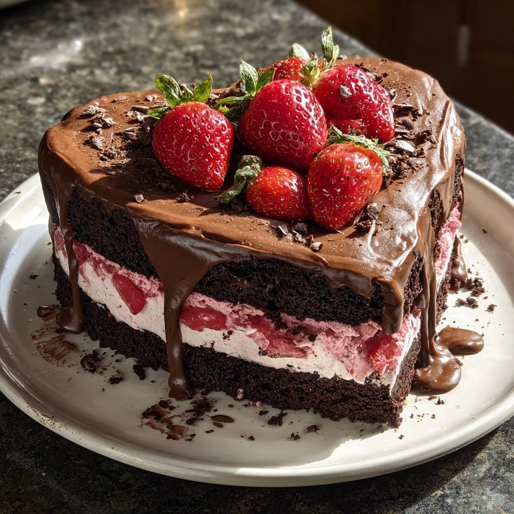 Heart-Shaped Chocolate and Strawberry Cake