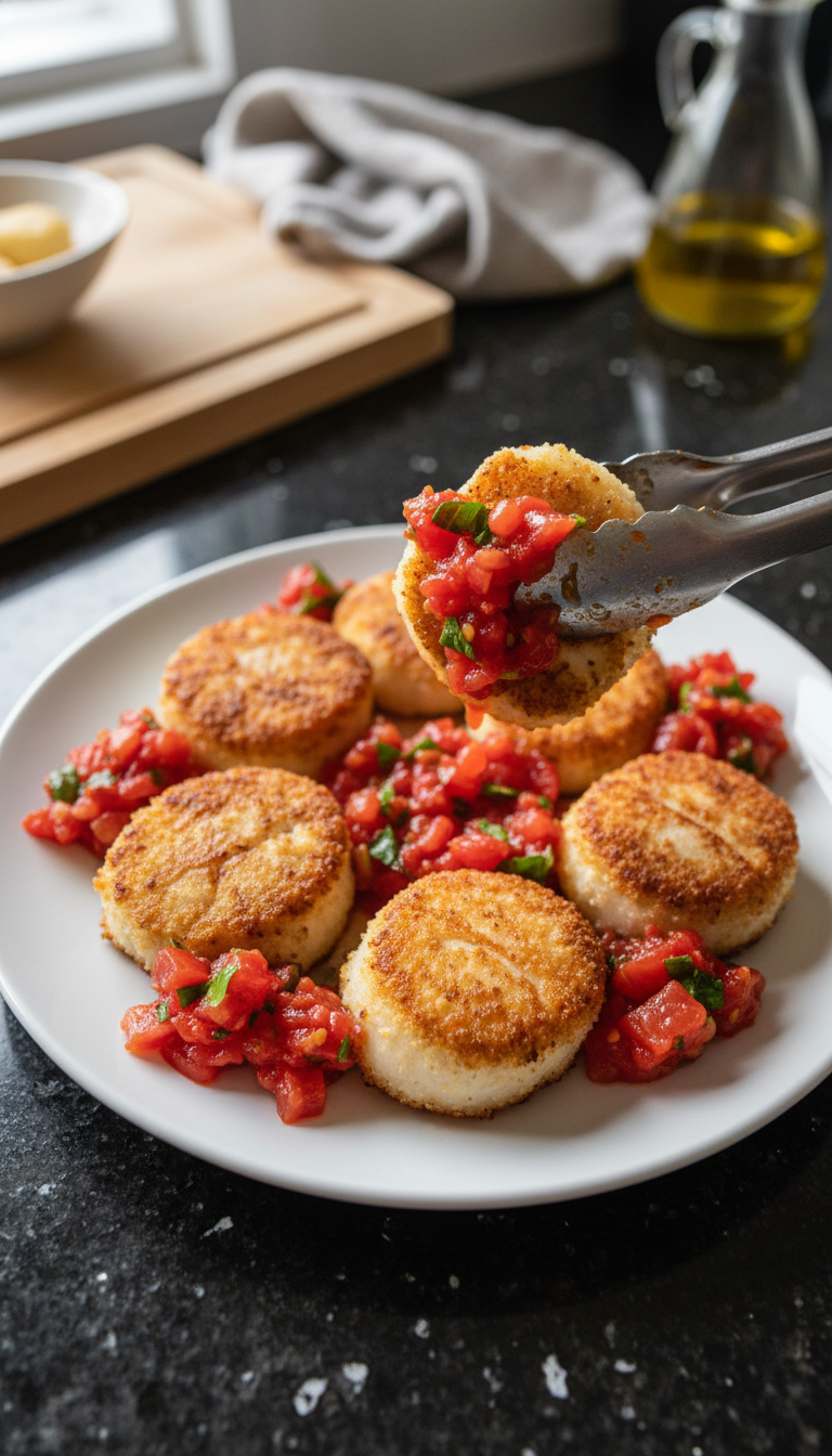 Crispy Scallops with Tomato Relish