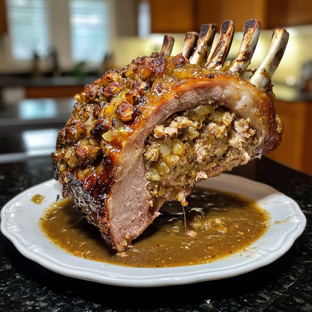 Stuffed Rack of Pork with Cider Gravy